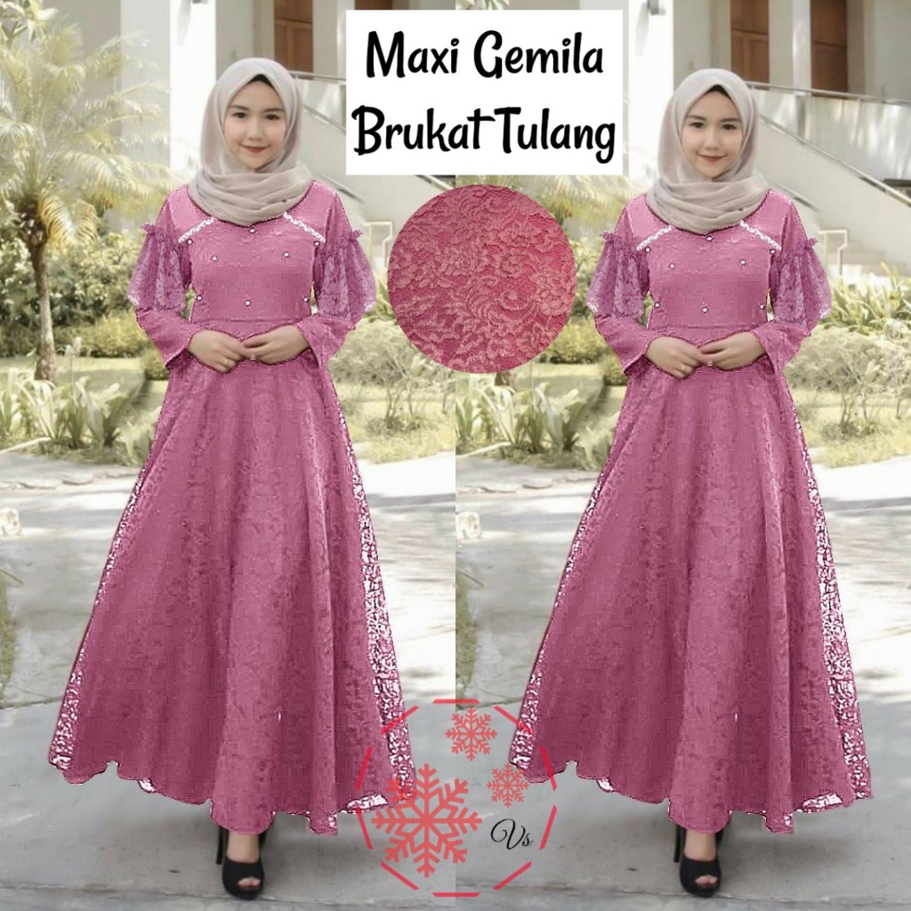 GAMIS BRUKAT MAXI GEMILA MUTIARA / GAMIS MUSLIM / GAMIS PESTA / DRESS MUSLIM KEKINIAN