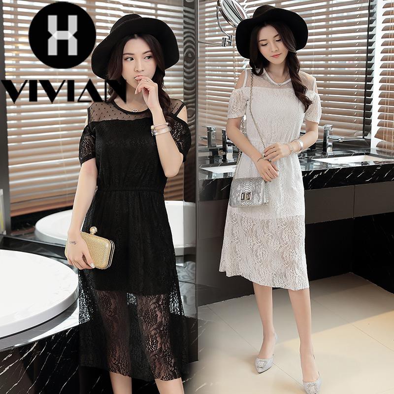 ?VIVIAN? Dress Midi Lace Musim Panas Gaya Korea Cold Shoulder Polos untuk Wanita