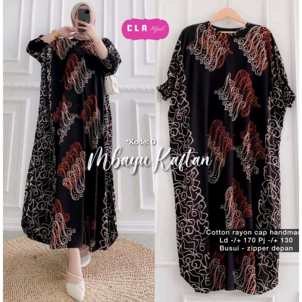 Batik A W - Kaftan Cap Encim Motif Sogan Super Jumbo LD 150 Black Color Busui Resleting Lengan 7/8 Gamis Rayon Kaftan Jumbo