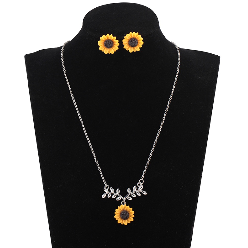Hu Hu Hu Hu Hu Alat Bantu Pasang Kacamata♡ Set Perhiasan Kalung Anting Stud Liontin Bunga Matahari Daun Untuk Hadiah Wanita
