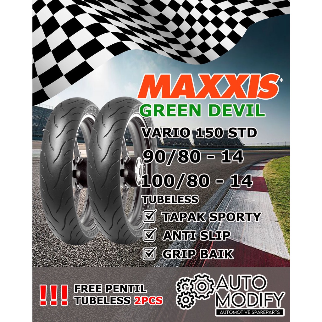 Paket Ban MAXXIS GREEN DEVIL Ukuran 90/80-14 dan 100/80-14 HONDA VARIO - FREE PENTIL 2PCS (Tubeless 