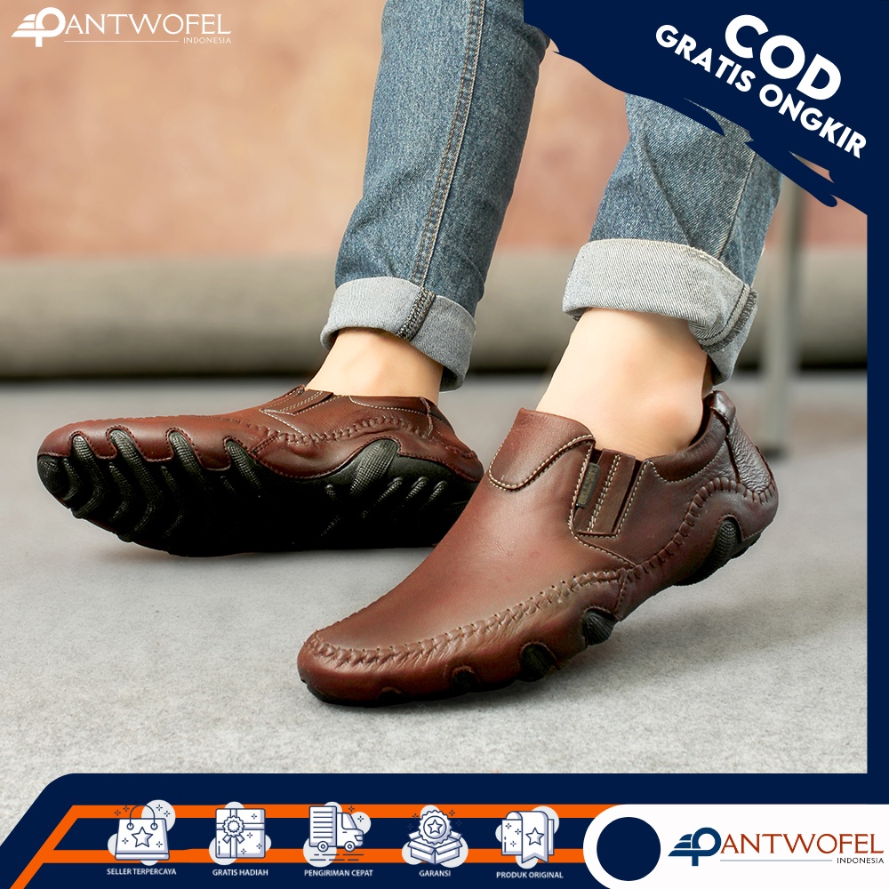 PTW X LIBE - Sepatu Pantopel Oxford Formal Kerja Cowok Slip On Anti Slip Bahan Kulit Sapi Asli Kualitas Premium Ukuran 39 - 43 Warna Cokelat Hitam - Spatu Fantopel Kasual Kerja Kantoran Resmi Rapat Dinas Paspampres Pansus Nikahan Lamaran Pesta Crocodile