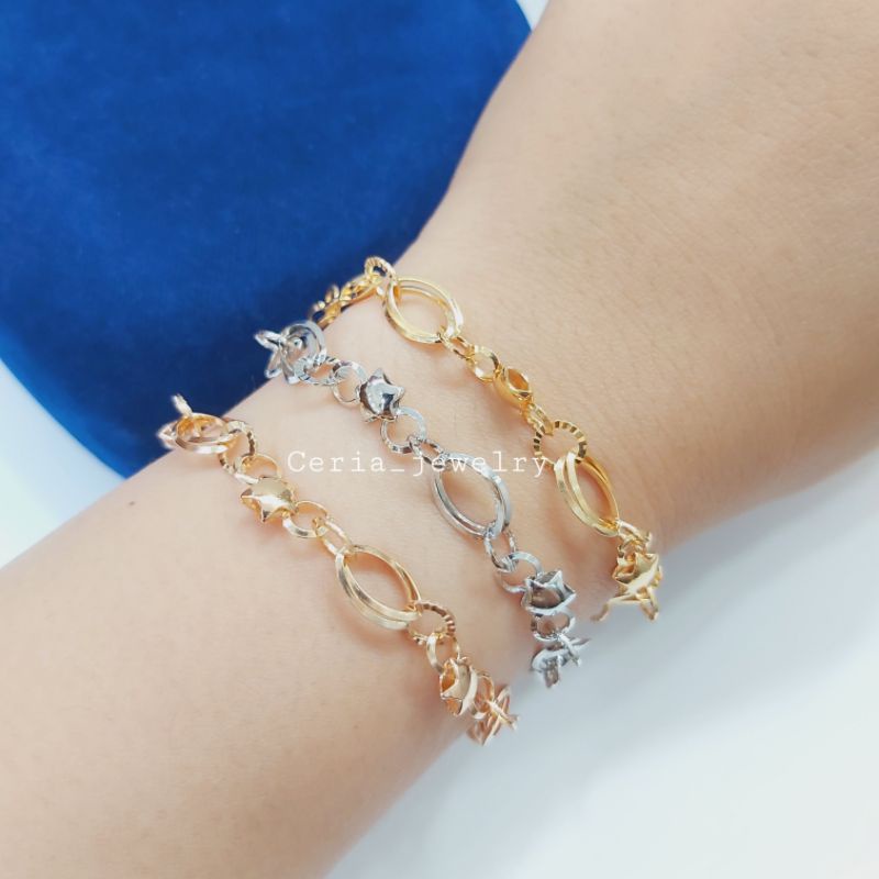 Gelang Perak Asli Silver 925 Lapis Emas Model Oval double Variasi Bintang - Perhiasan Perak Wanita