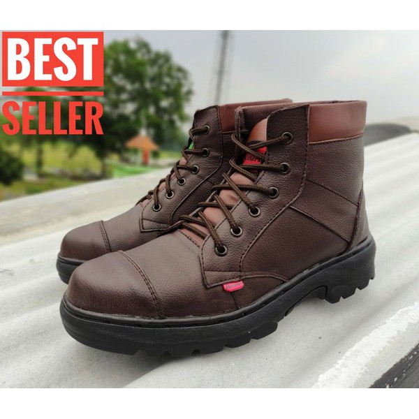 SEPATU SAFETY  KULIT ASLI COKELAT UJUNG BESI SEPATU BOOTS PRIA