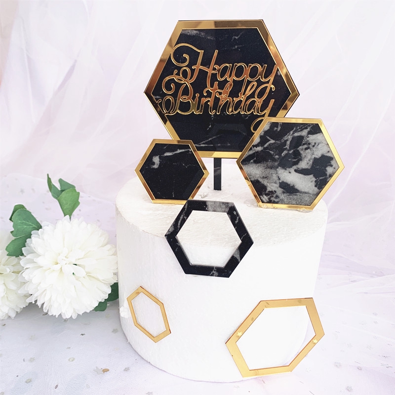 Topper Kue Bentuk Hexagonal Motif Marmer Bahan Akrilik Untuk Dekorasi Pesta Ulang Tahun