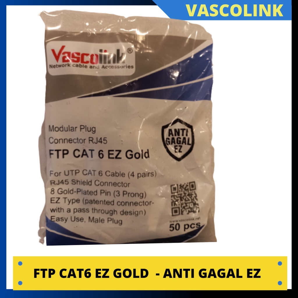 KONEKTOR RJ45 FTP CAT6 EZ GOLD VASCOLINK  1PACK ISI  50PCS ANTI GAGAL