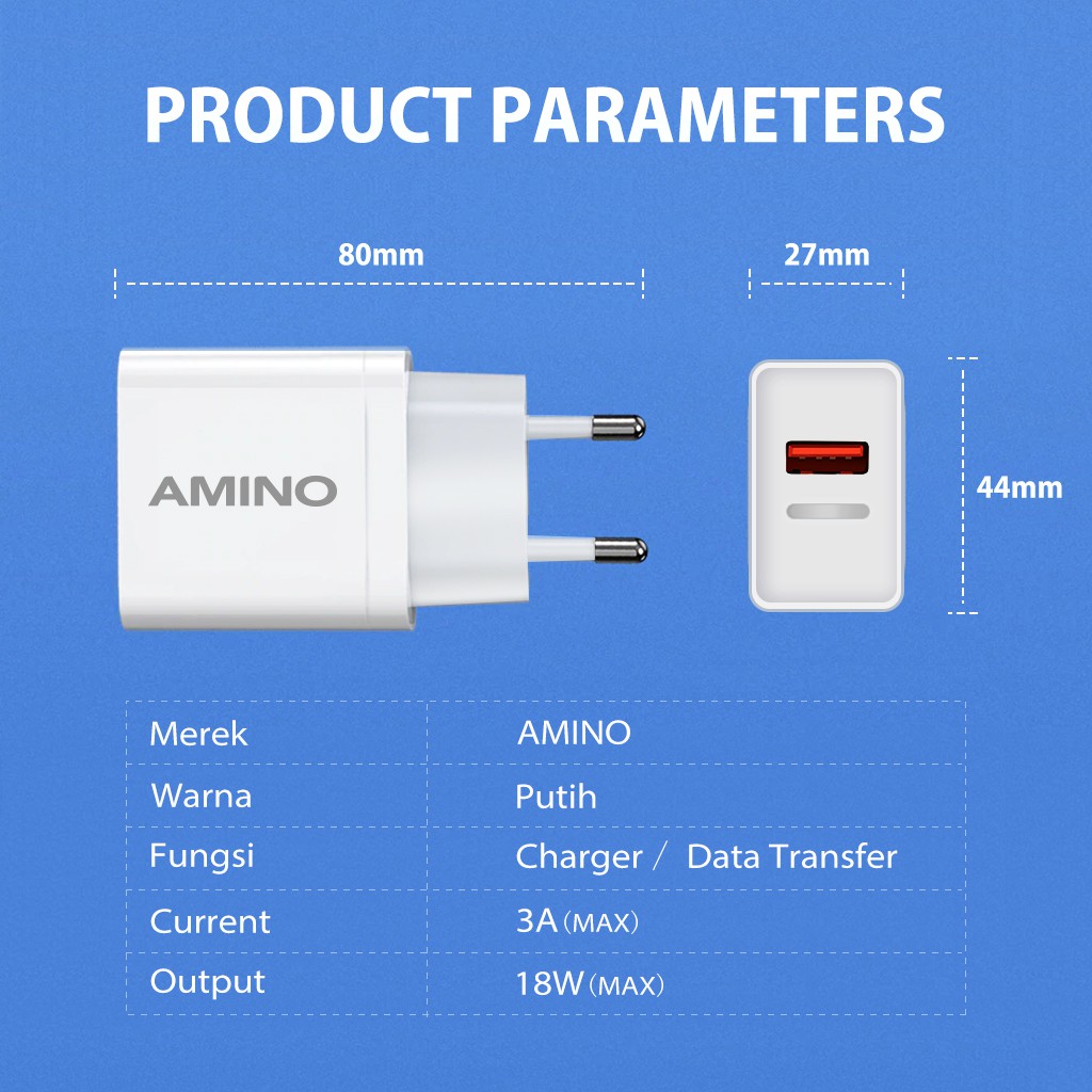 AMINO 3A 18W Qualcomm QC3.0 Fast Charger 4A Type C USB Kabel Micro USB Quick Charger Adaptor Ori