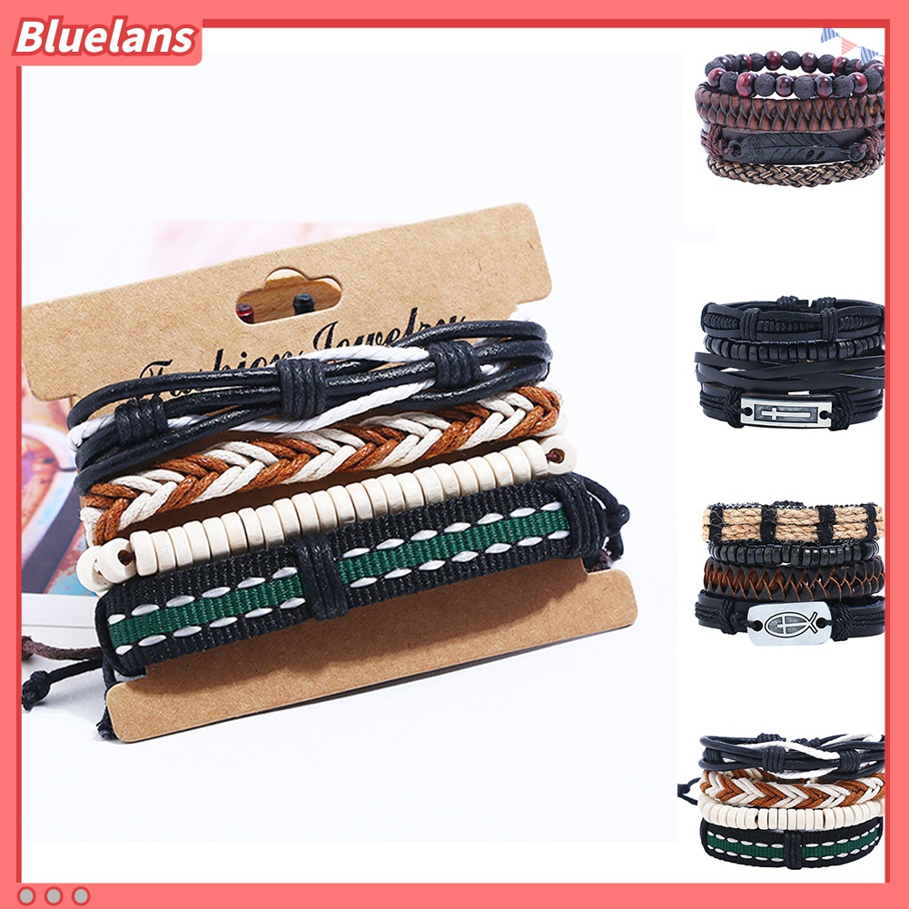 4pcs / Set Gelang Tali Kulit Imitasi Multilayer Adjustable Untuk Pria