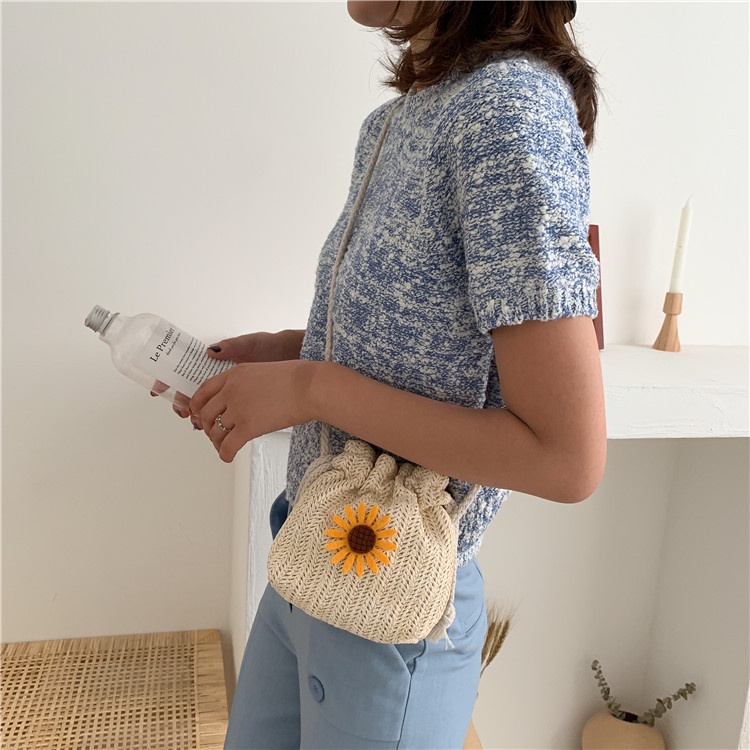 Tas Anyaman Wanita Sunflower Sling Bag Bucket Aesthetic Import