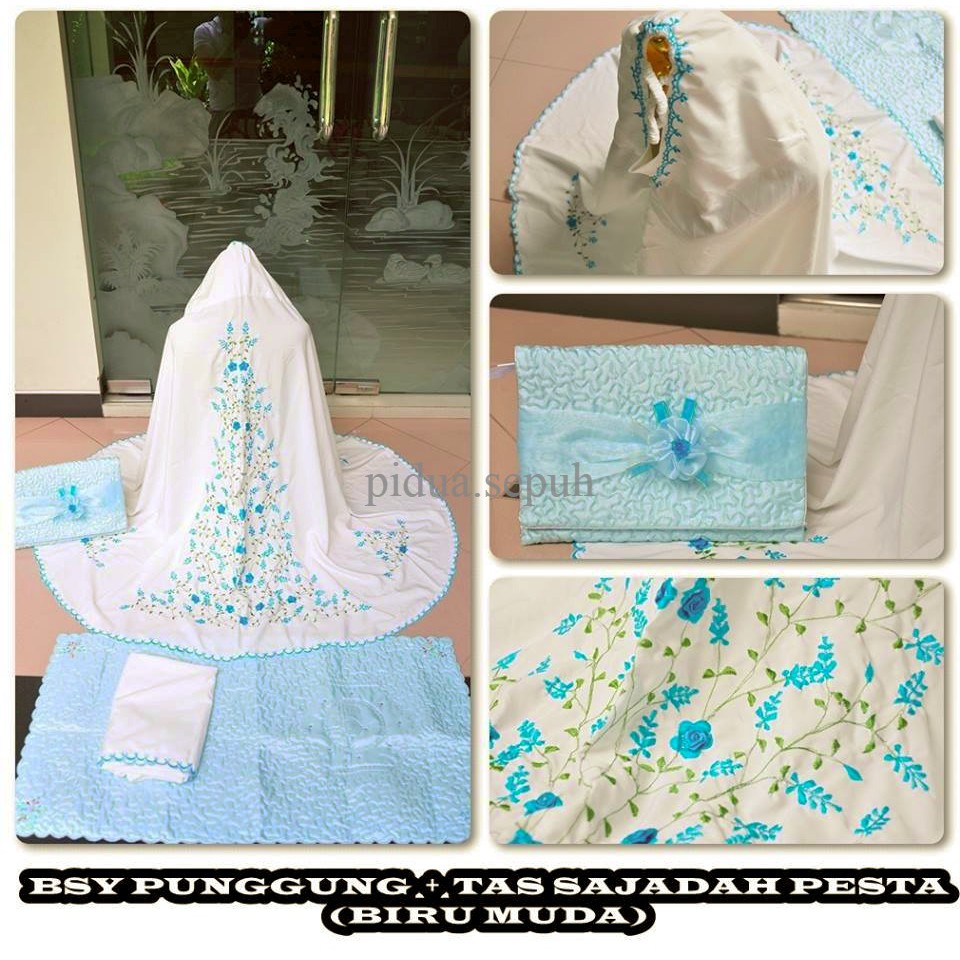HOT TERLARIS MURAH MUKENA DEWASA BORDIR BSY PUNGGUNG + TAS SAJADAH PESTA BIRU MUDA
