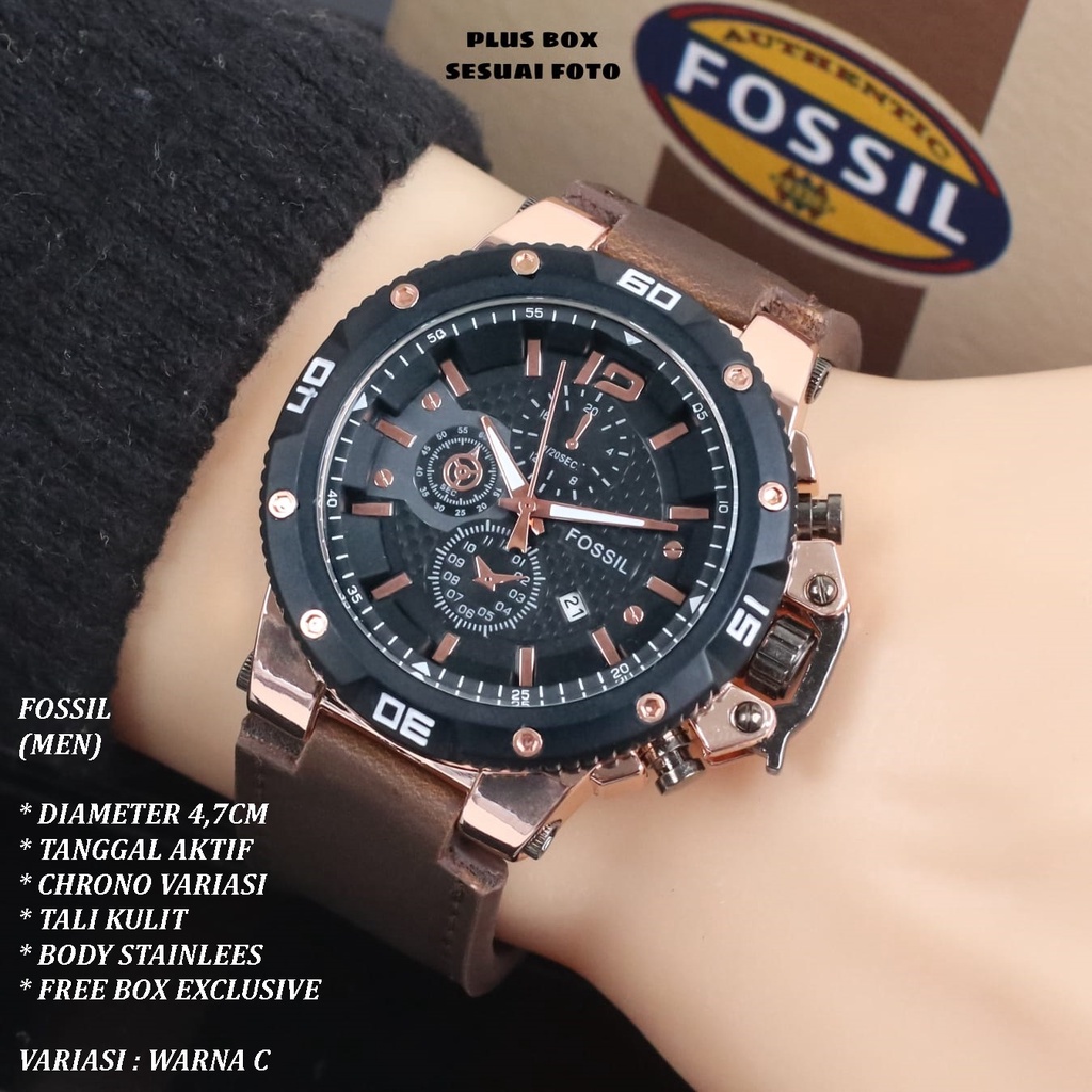 (FREE BOX) JAM TANGNA PRIA FASHION TALI KULIT BODY BULAT TANGGAL AKTIF CHRONO OFF