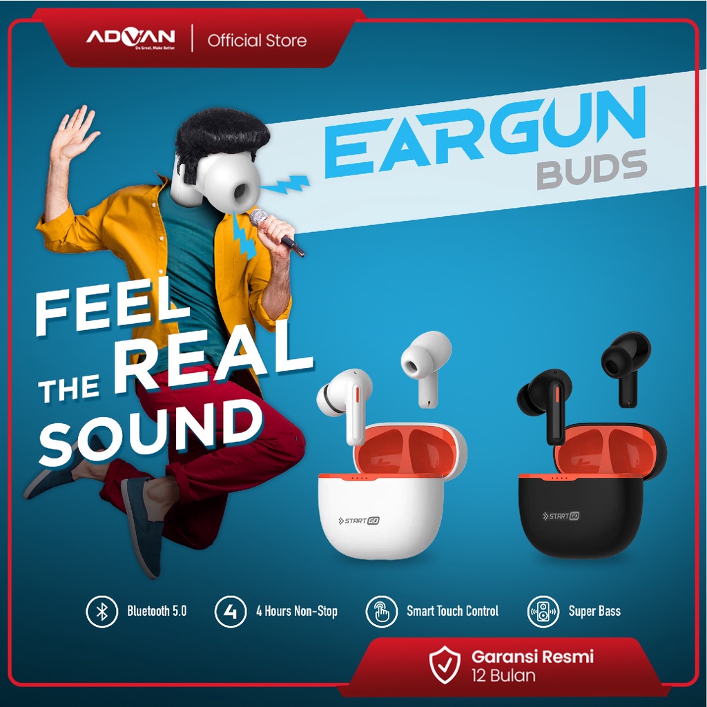 Advan StartGo Eargun In-Ear TWS Earphone Bluetooth Waterproof Garansi Resmi - Putih