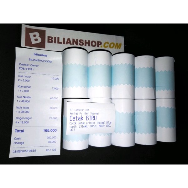 

Kertas 57 x 30mm edc struk kasir hasil cetak warna BIRU 10 roll printer thermal zjiang eppos Murah