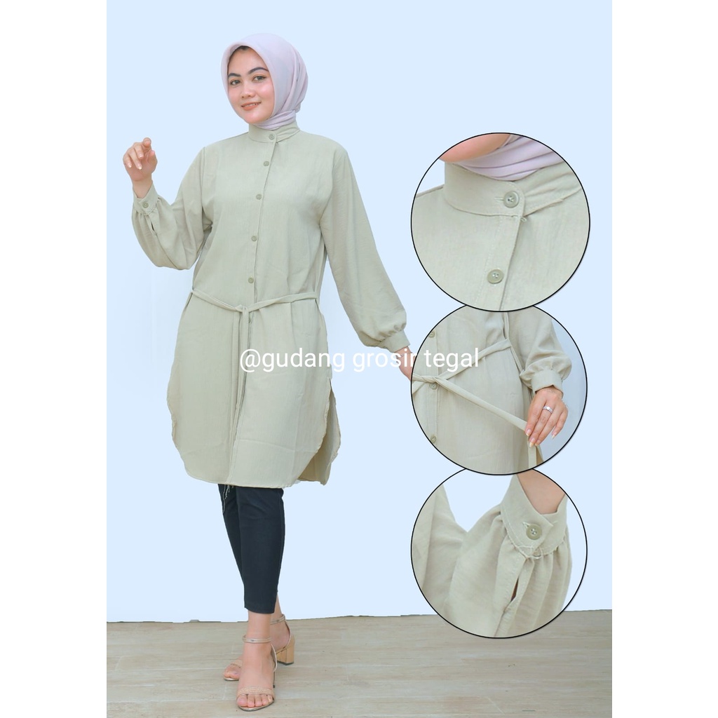 KEMEJA TUNIK POLOS JUMBO WANITA / KEMEJA TUNIK CRINGKLE AIRFLOW TALI PINGGANG L XL XXL