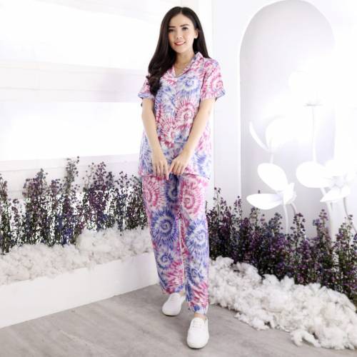 Setelan Piyama Wanita Baju Tidur Cewek Motif Tie Dye One Set Rayon Adem Jumbo XL-XXL Caris CP-MIRNA PINK
