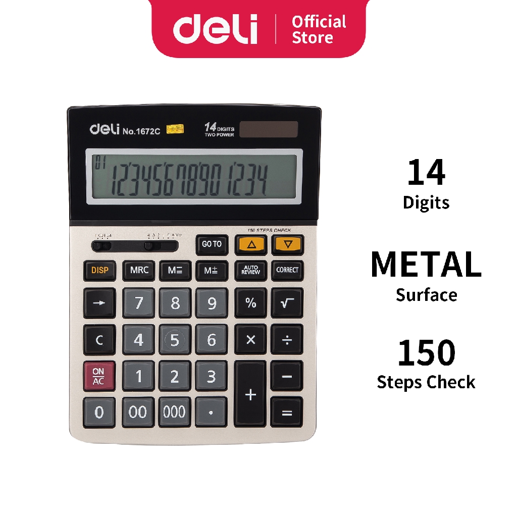 

Deli Kalkulator 150 Fungsi 14 Digit dengan penutup acrylic Sertifikat CE garansi 3 tahun E1672C