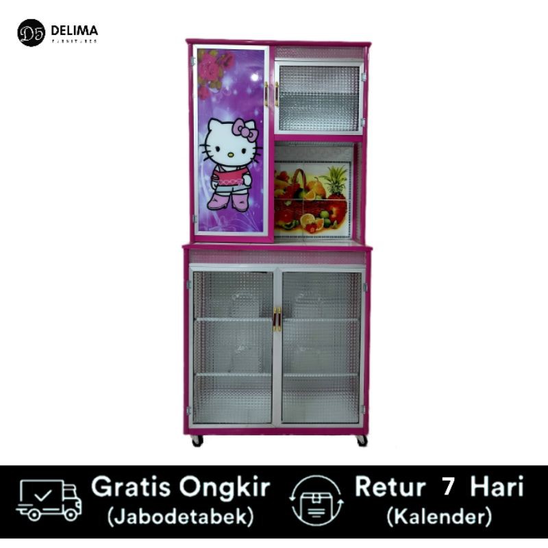 Rak Lemari Piring Karakter 2 Pintu Kaca, Kaki Roda - Hello Kitty