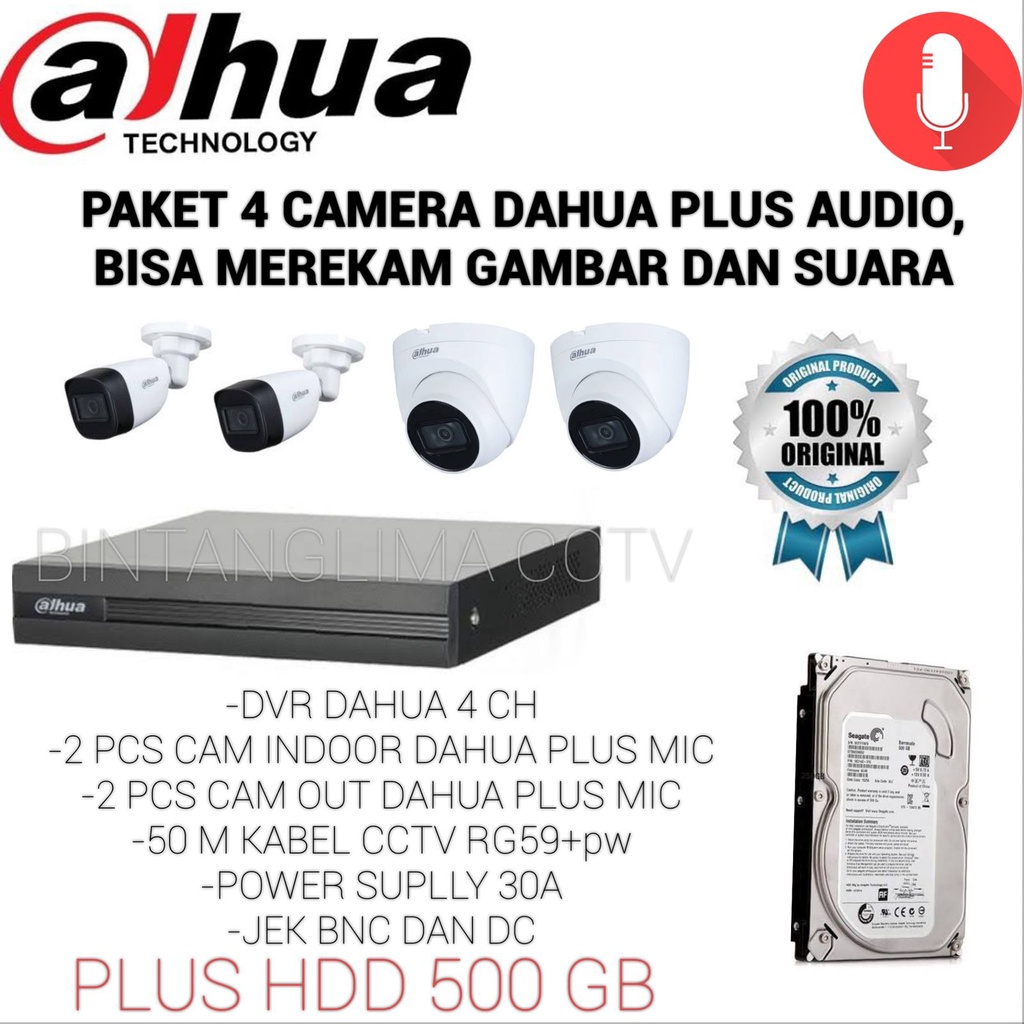 PAKET 4 CAMERA DAHUA 2MP BUILT-IN MIC BISA REKAM GAMBAR DAN SUARA