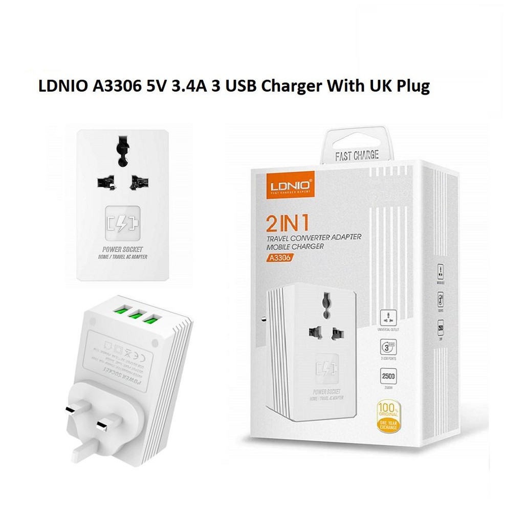 LDNIO A3306 Wall Travel 3 USB Port Charger Max. 3.4A with 1 AC Adapter