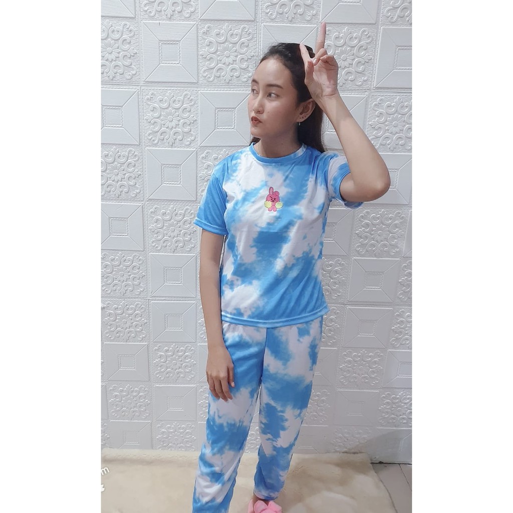 Rillo - Set Setelan CP  Wanita Tie Dye / Cotton Candy /bt21 bordir Fit XL-Cooky Blue CP