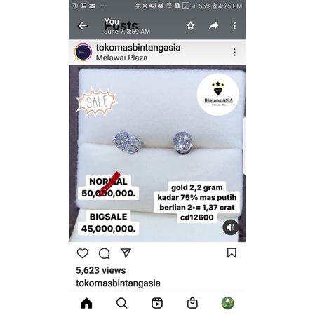 giwang solitaire berlian eropa full mas putih whitegold (1,343/cd12600)