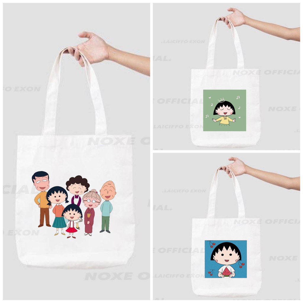 TOTE BAG BAHAN KANVAS ANTI AIR GAMBAR CHIBI MARUKO CHAN KARTUN JEPANG