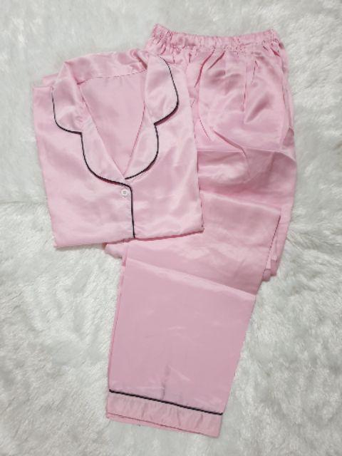Baju Tidur Piyama Pajamas Wanita/Cewek Satin Silky Velvet Cantik Simple Wanita Dewasa Full Kancing-CP PINK BABY