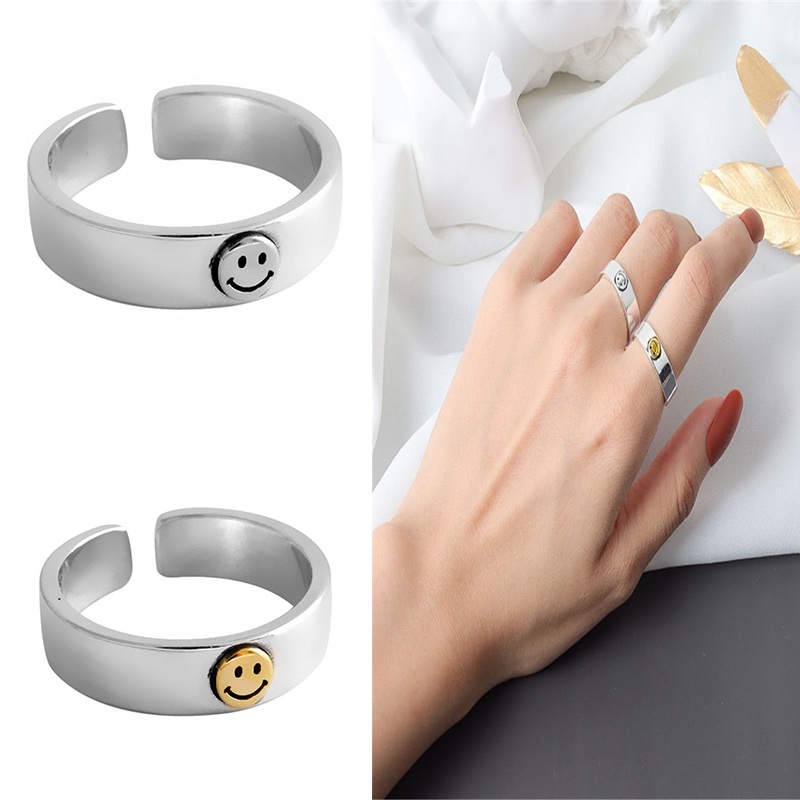 Fashion Golden Smiley Thai Silver Cincin Pasangan Ukuran Disesuaikan untuk Wanita dan Pria