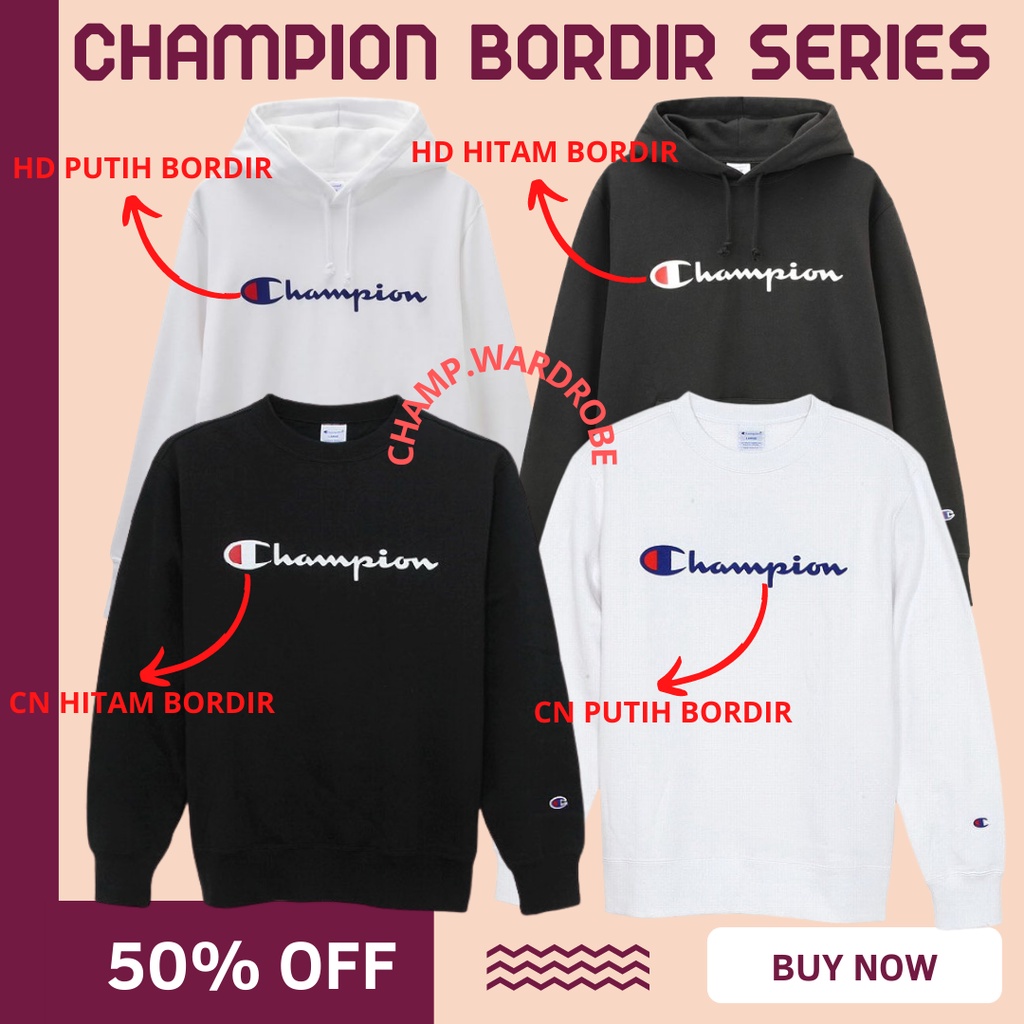 HOODIE SWEATER CREWNECK HUDIE CHAMPION ORIGINAL ORI BORDIR UNISEX CAMPION FULL LABEL COD