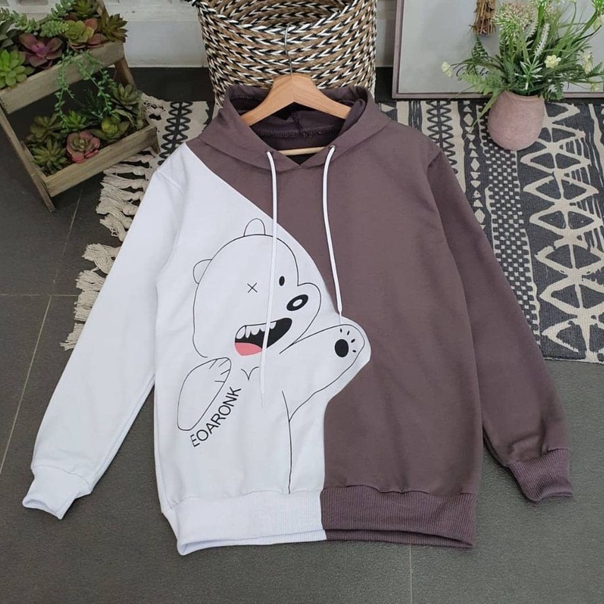 Zanah Hoodie Burgundy Bear Kombinasi- Style Couple Fleece Terbaru