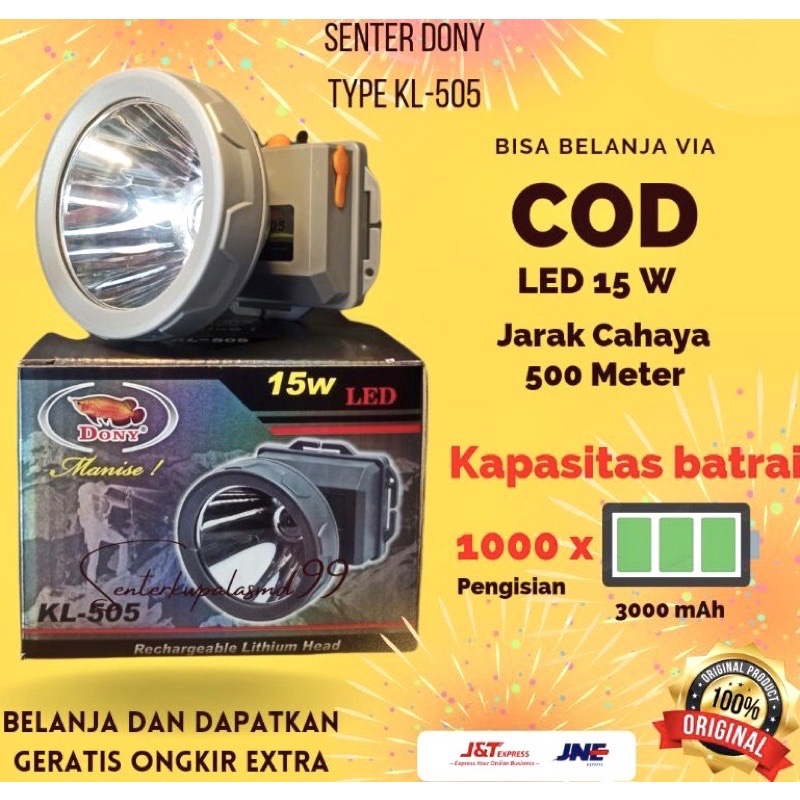 Senter Kepala Dony KL505 Kl 505 15W 15Watt 15 Watt Original Cahaya Putih Kuning