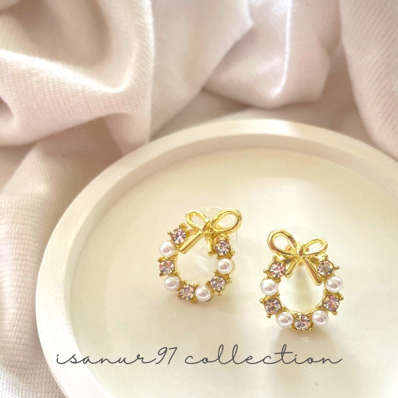 Ribbon Pearl Earring | Anting Mutiara Pita Kristal Anting Stud Mutiara