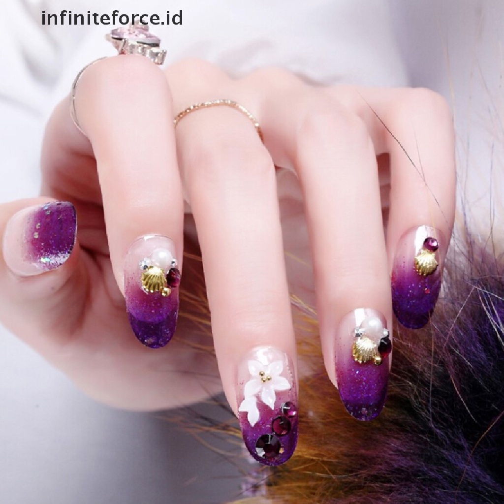 (Infiniteforce.Id) 24pcs / Set Kuku Palsu Akrilik Uv Gel Motif Ukiran Bunga Warna Ungu Untuk Nail Art