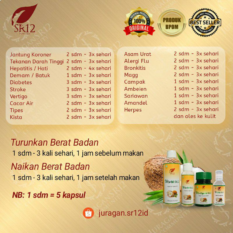 IMUN BOOSTER !! VCO MINYAK KELAPA MURNI SR12 / VICO VIRGIN COCONUT OIL 60ml/ 100ml/ 250ml/100 Kapsul