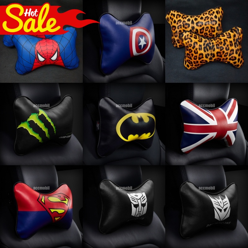 Bantal Headrest Leher Jok Mobil HERO Batman Transformers Superman Spiderman Monster Energy Leopard