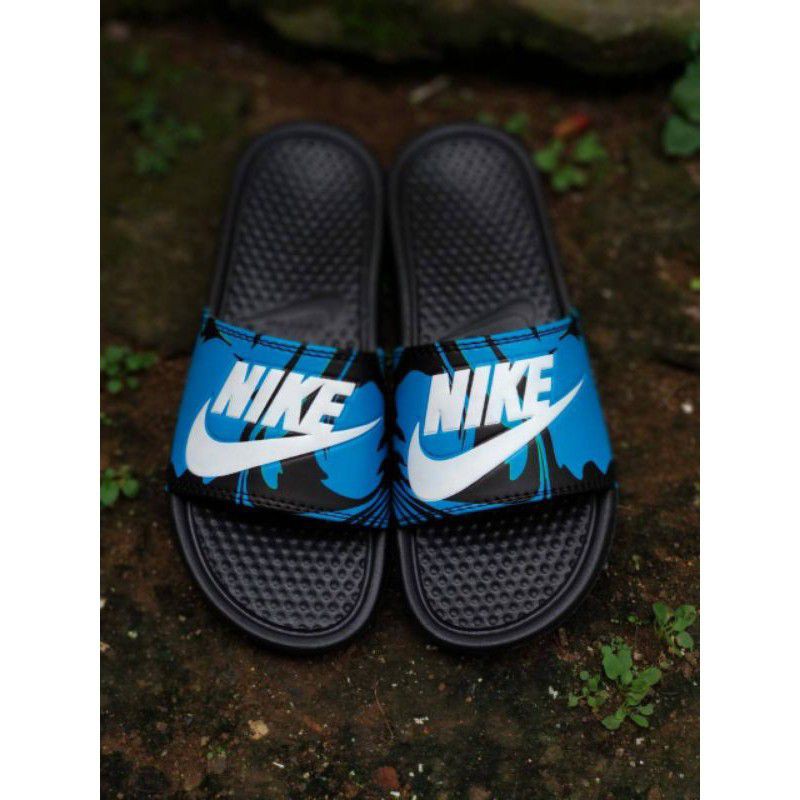 Sandal Wanita Nike Benassi Swoosh, Sandal Nike Benassi Swoosh Black-blue, Sandal Nike Flip-flop