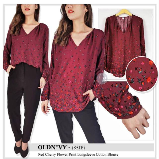 old navy red cherry flower print longsleeve cotton blouse