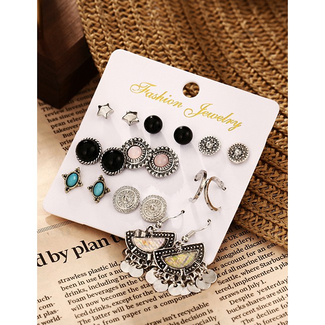 LRC Anting Set Fashion Silver Seashell Star Combination Stud Earrings 9 Pairs F74445