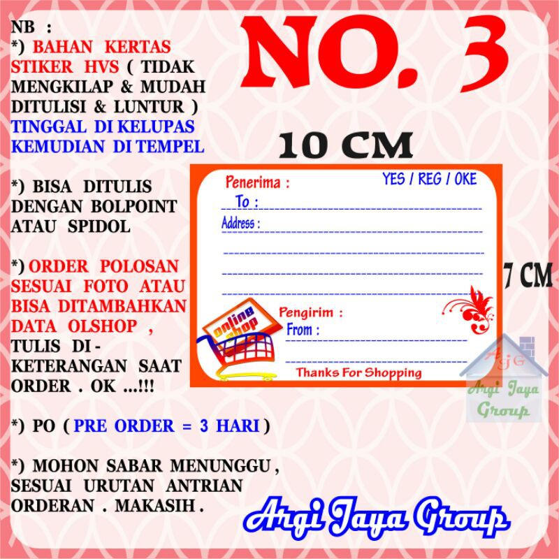 

Stiker HVS - Stiker Pengiriman - Sticker Alamat Olshop Murah Nomer 3 - 10x7cm