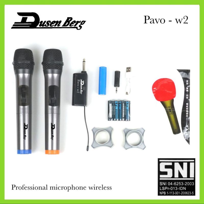 Mic Wireless karaoke Dusenberg Pavo W2 , 2 Microphone Jarak Jauh