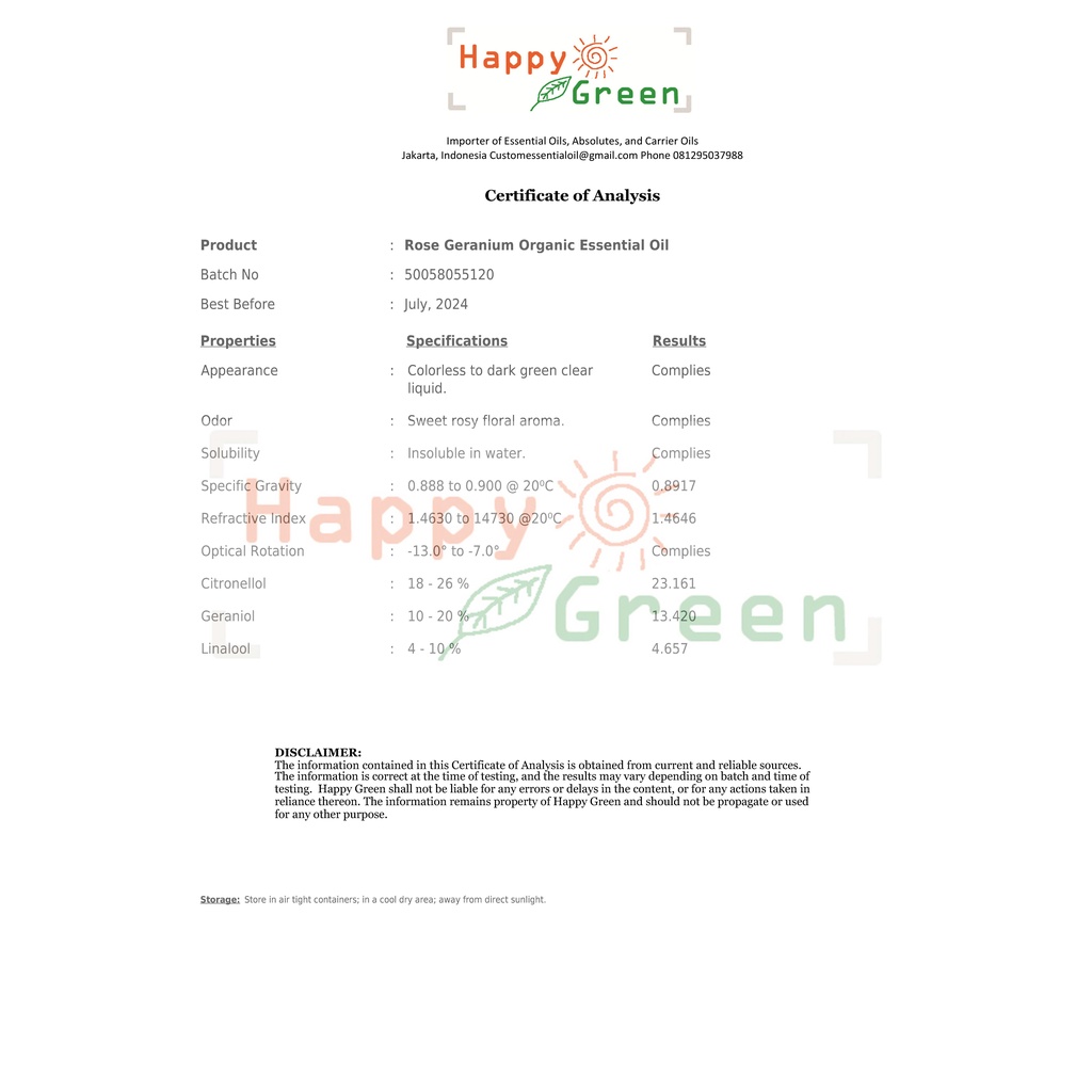 Happy Green ORGANIC Rose Geranium Oil - Minyak Bunga Pelargonium