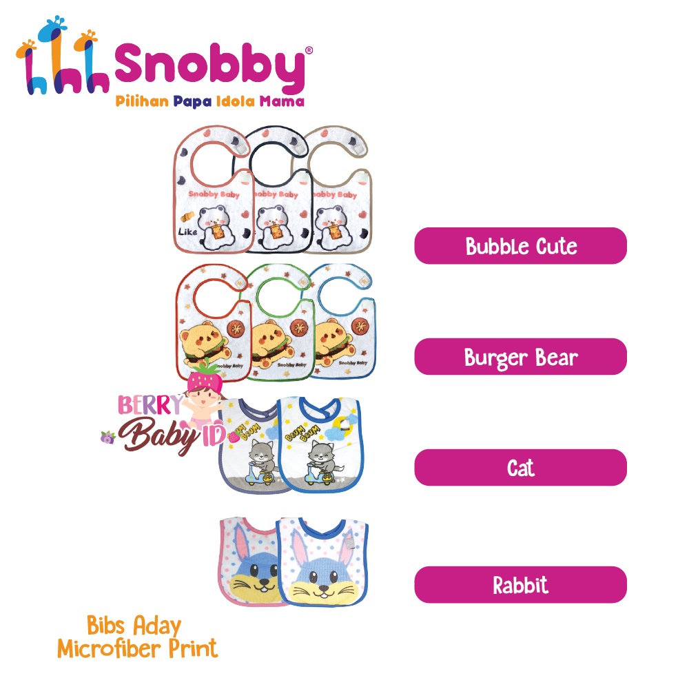 Snobby Bibs Aday Microfiber Print Motif Slabber Celemek Makan Bayi Berry Mart