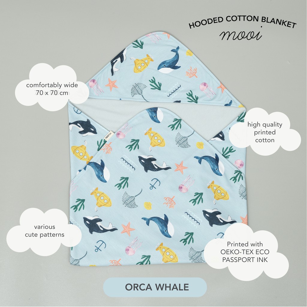 Mooi Hooded Cotton Blanket Selimut Topi Bayi-ORCA WHALE