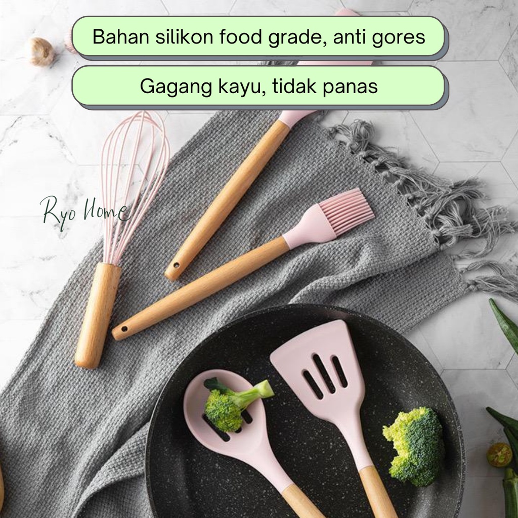 [ RYO ] KAI Peralatan Masak Bahan Silikon Dengan Gagang Kayu  / Slotted Spatula Set Silicone / Kitchen tools / Alat masak / Perlengkapan Dapur / Penjepit Makanan / Tongs / Pengocok Telur / Whisk / Kuas / Brush / Silica Gel Food Grade-1