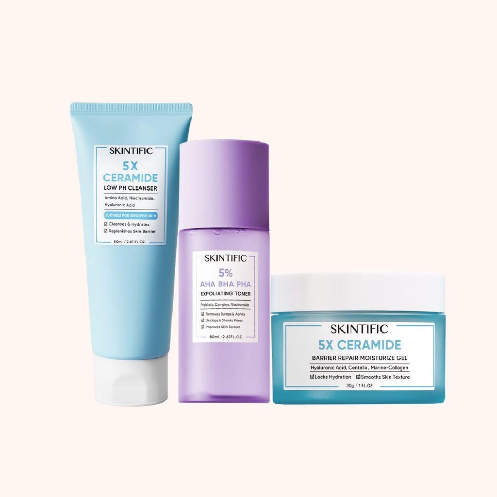 【Skintific Outlet Official】SKINTIFIC Paket Glowing Skin with 5X Ceramide Barrier  Moisturizer Pelembab Wajah + Low pH Cleanser Sabun Cuci Muka+ 5% Aha Bha Pha Exfoliating Toner【BPOM】