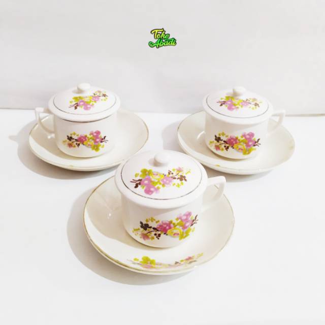 6 Set 18pcs cangkir keramik classic vintage dengan Tutup dan Tatakan/Piring Motif Bunga Jadul