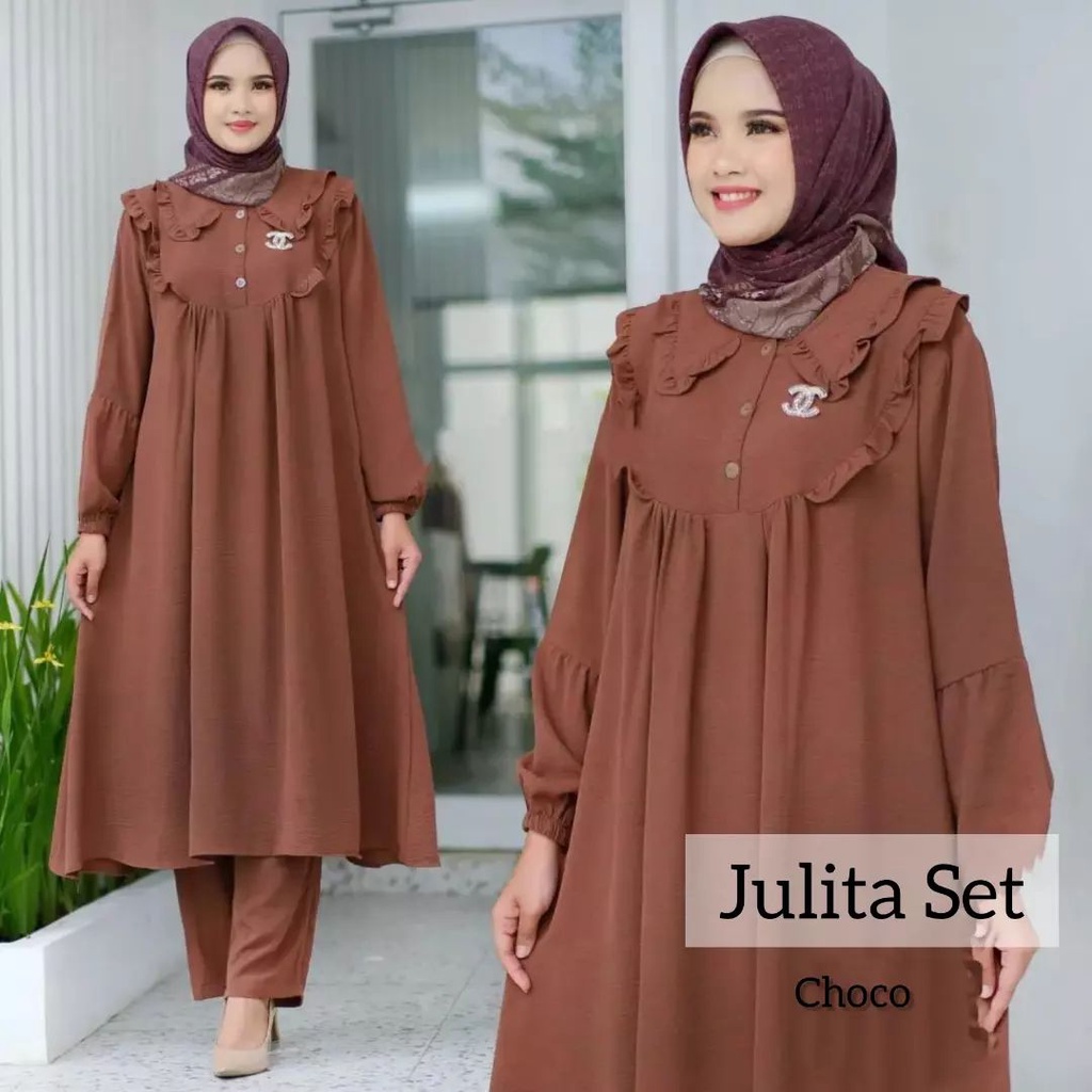 Baju Setelan Wanita Jumbo 2022 Julita Set Tunik Crinkle Pakaian Wanita Jumbo LD 120 Cm Set Permpuan Dewasa Fashion Wanita Kekinian Tunik Set Celana Kekinian