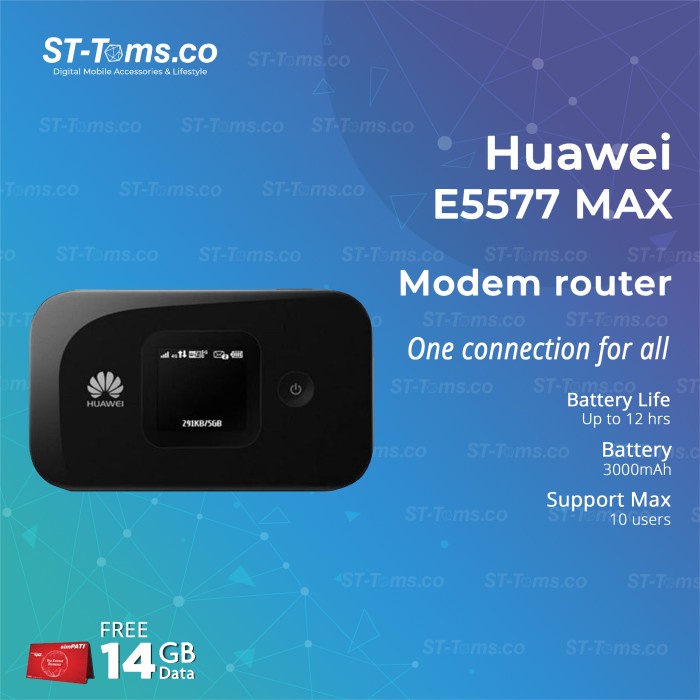 HUAWEI MIFI MODEM WIFI ROUTER 4G E5577 MAX FREE TELKOMSEL 14GB 2BLN BK