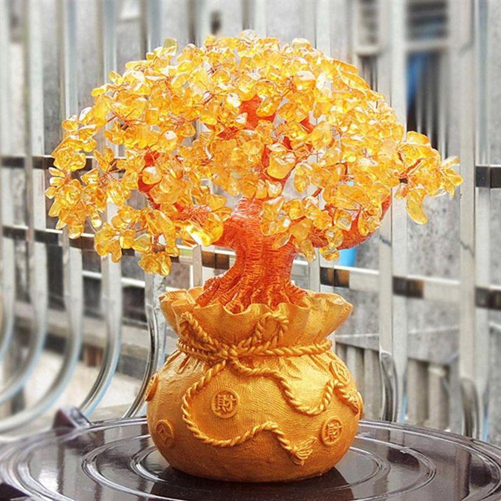 【 ELEGANT 】 Pohon Uang Kristal Kuning Miniatur Alami Patung Feng Shui Gaya Bonsai Dekorasi Kerajinan