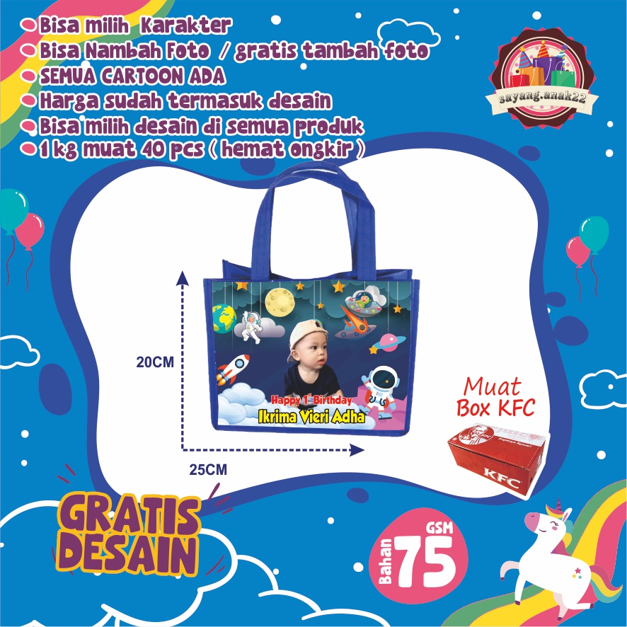 

Goodie bag ulang tahun anak Tas Ultah karakter ASTRONOT kain souvernir muat kotak KFC bentuk LANDSCAPE